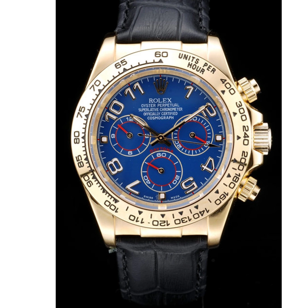Aaa replica watch Gold Rolex Case Daytona Dial Leather Black Strap Blue 0701